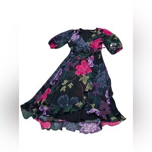 Maison Tara Floral Wrap Maxi Dress Black Pink Purple Chiffon Size 8 NWT